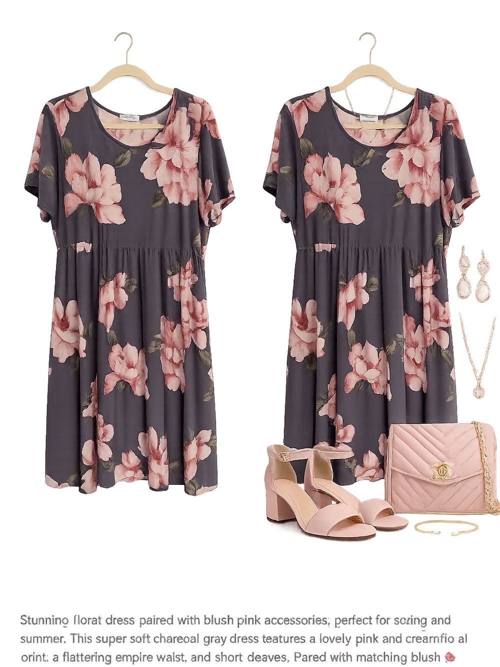 Charcoal Gray Floral Scoop Neck Dress with Pink Blooms